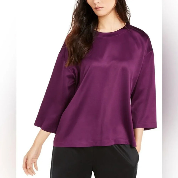 EILEEN FISHER NWOT Ballet Neck Box Top‎ in Navy - Picture 1 of 9